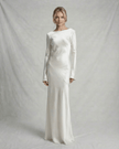 FJØRNA slim fit ivory satin maxi dress for women, elegant evening occasion dress with luxurious satin fabric and sleek silhouette.