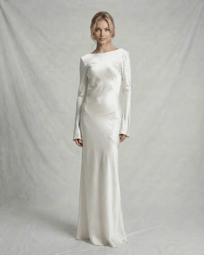 FJØRNA slim fit ivory satin maxi dress for women, elegant evening occasion dress with luxurious satin fabric and sleek silhouette.