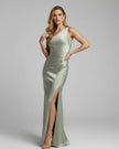 FJØRNA satin tailored maxi dress for women in sage green with one-shoulder design, elegant and flowing for special occasions.