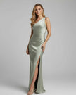 FJØRNA satin tailored maxi dress for women, sage green with asymmetrical one-shoulder design and elegant silhouette.
