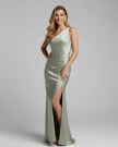 FJØRNA satin tailored maxi dress for women in sage green with one-shoulder design, elegant and flowing for formal occasions