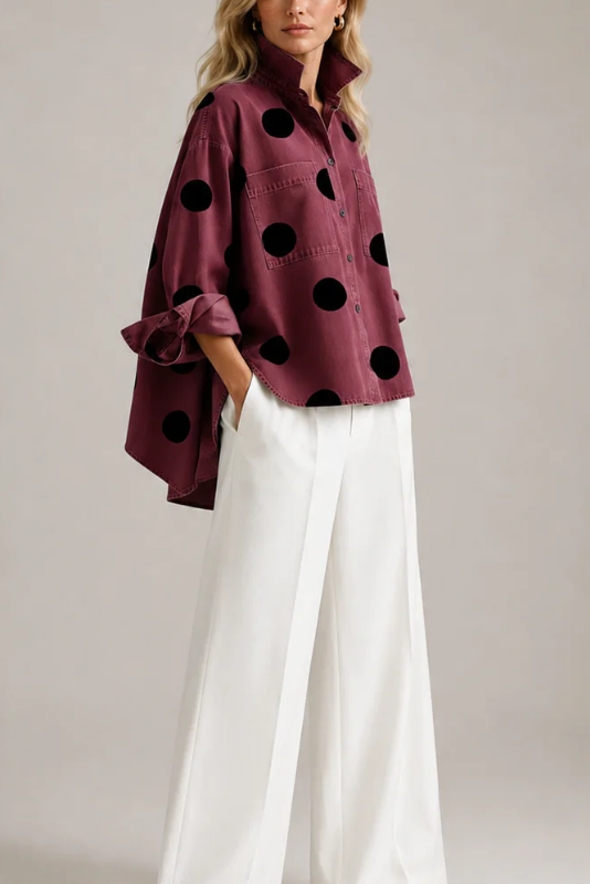 Polka Dot Blouse Women Oversized Short Sleeve Button Front