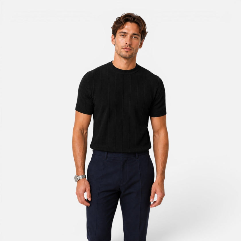 Men's striped knitted T-shirt from FJØRNA, lightweight and slim fit, perfect for summer casual wear.