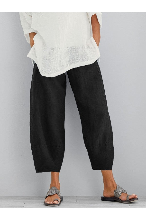 FJØRNA women's lightweight summer tapered cropped trousers with elastic waist, loose fit, and relaxed style.