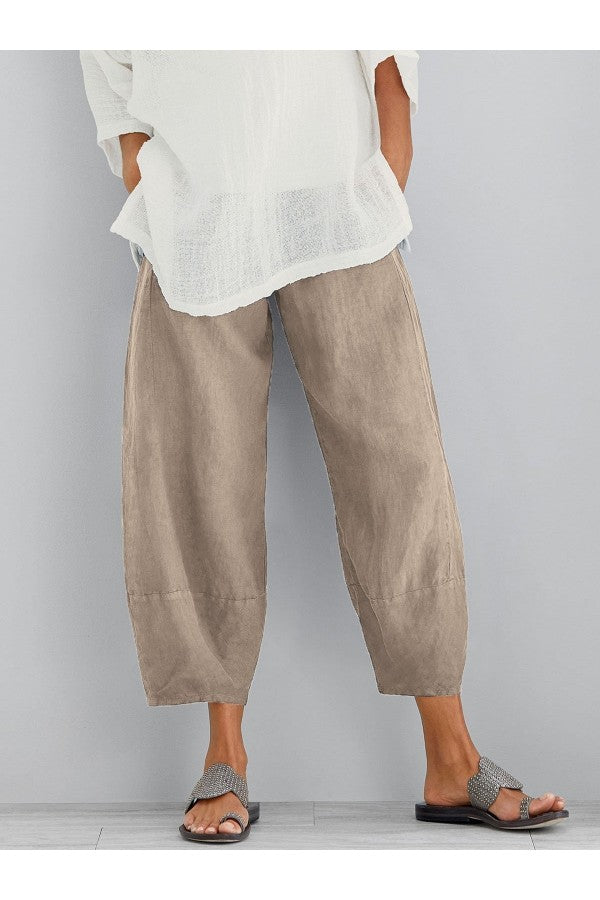 FJØRNA women's lightweight summer tapered cropped trousers with elastic waist and loose fit, perfect for casual warm-weather wear.