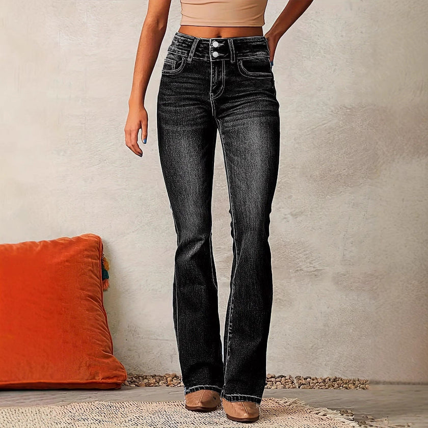 FJØRNA lightweight summer women's high-waist bootcut denim jeans displayed on a model.