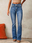 FJØRNA lightweight summer women's high-waist bootcut denim jeans displayed on a model.