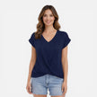 Women's V-neck twist front casual summer T-shirt by FJØRNA, soft short-sleeve top perfect for warm weather.