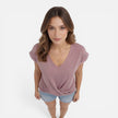 Women's V-neck twist front T-shirt by FJØRNA, soft casual summer top with short sleeves and stylish design.