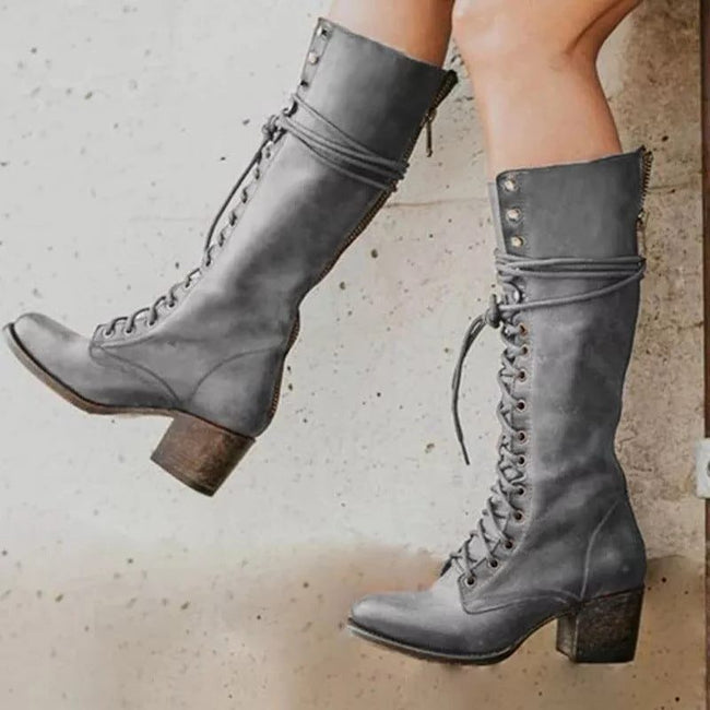 Knee High Boots Lace Up Block Heel Chunky Sole Combat Winter Boots | Selina