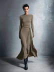 Grey knit wrap maxi dress for women by FJØRNA, featuring a soft, lightweight fabric and a flattering wrap design.