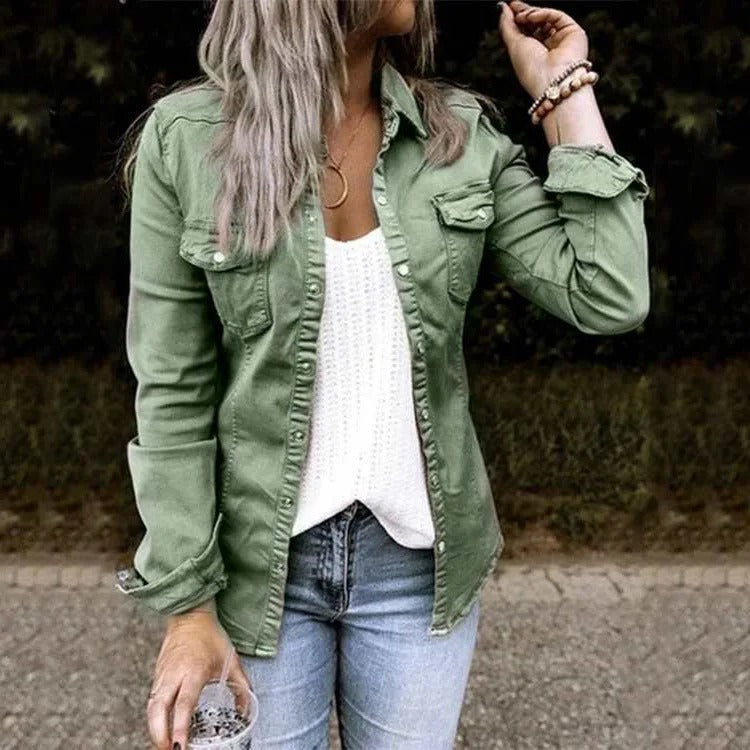 Denim Shirt Jacket Women Relaxed Fit Button Front Chest Pockets
