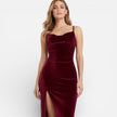 FJØRNA women's velvet evening dress with high slit, spaghetti straps, slim fit, and maxi length for elegant summer occasions.