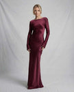 FJØRNA satin slim fit maxi dress in black with elegant, anime-length design, perfect for formal occasions.