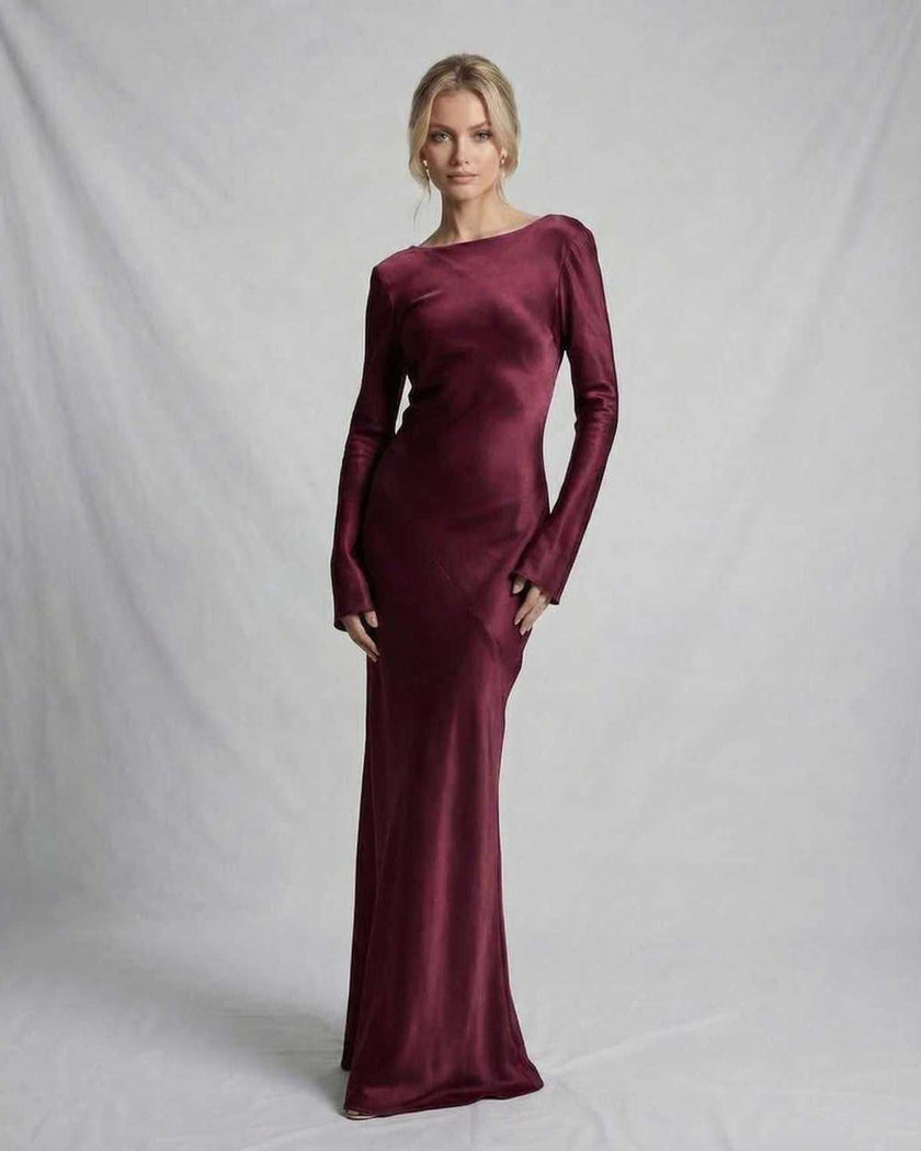 FJØRNA satin slim fit maxi dress in black with elegant, anime-length design, perfect for formal occasions.
