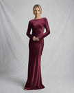 FJØRNA satin slim fit maxi dress in rich burgundy, elegant and form-fitting for sophisticated occasions.