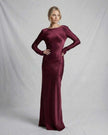 FJØRNA satin slim fit maxi dress in rich burgundy, featuring elegant, modern design and sophisticated silhouette.
