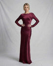 FJØRNA black satin slim fit maxi dress with ankle length, elegant design, perfect for formal occasions.