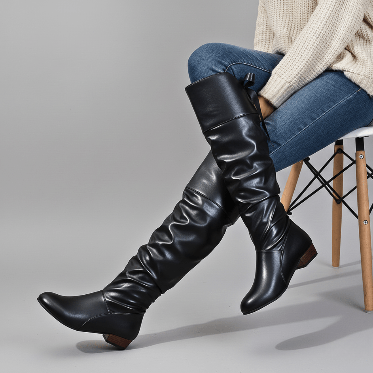 Slouchy Faux Leather Boots with Almond Toe for Women | Vionne