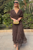 FJØRNA bohemian patterned V-neck mesh maxi dress with casual style, perfect for weddings and summer occasions.
