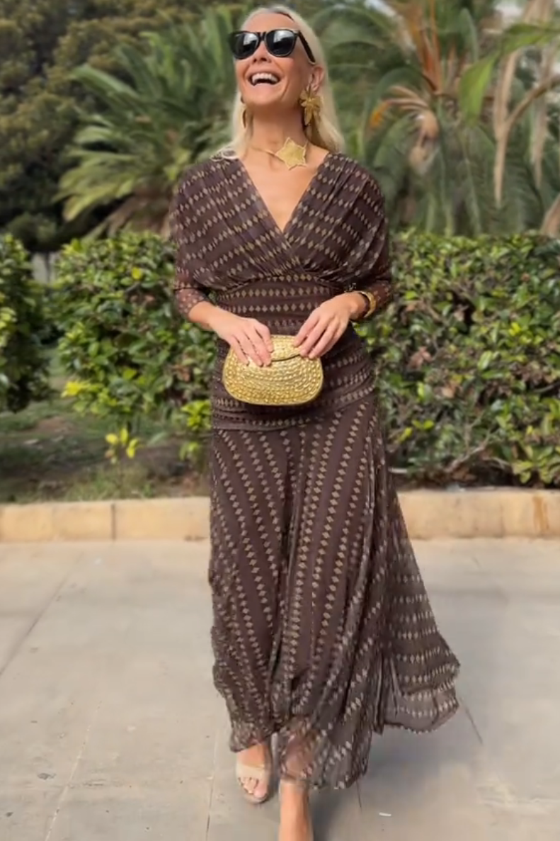 FJØRNA bohemian patterned V-neck mesh maxi dress with casual style, perfect for weddings and summer occasions.