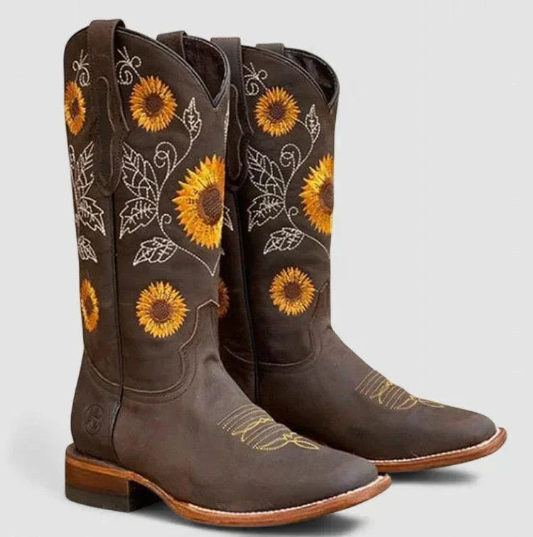 Western | Women's Suede Sunflower Embroidered with Block-Heel Pointed-Toe Comfortable Casual Everyday