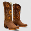 Western | Women's Suede Sunflower Embroidered with Block-Heel Pointed-Toe Comfortable Casual Everyday