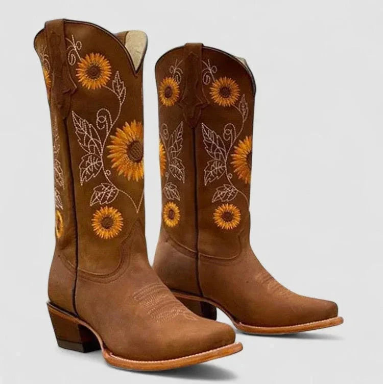 Western | Women's Suede Sunflower Embroidered with Block-Heel Pointed-Toe Comfortable Casual Everyday