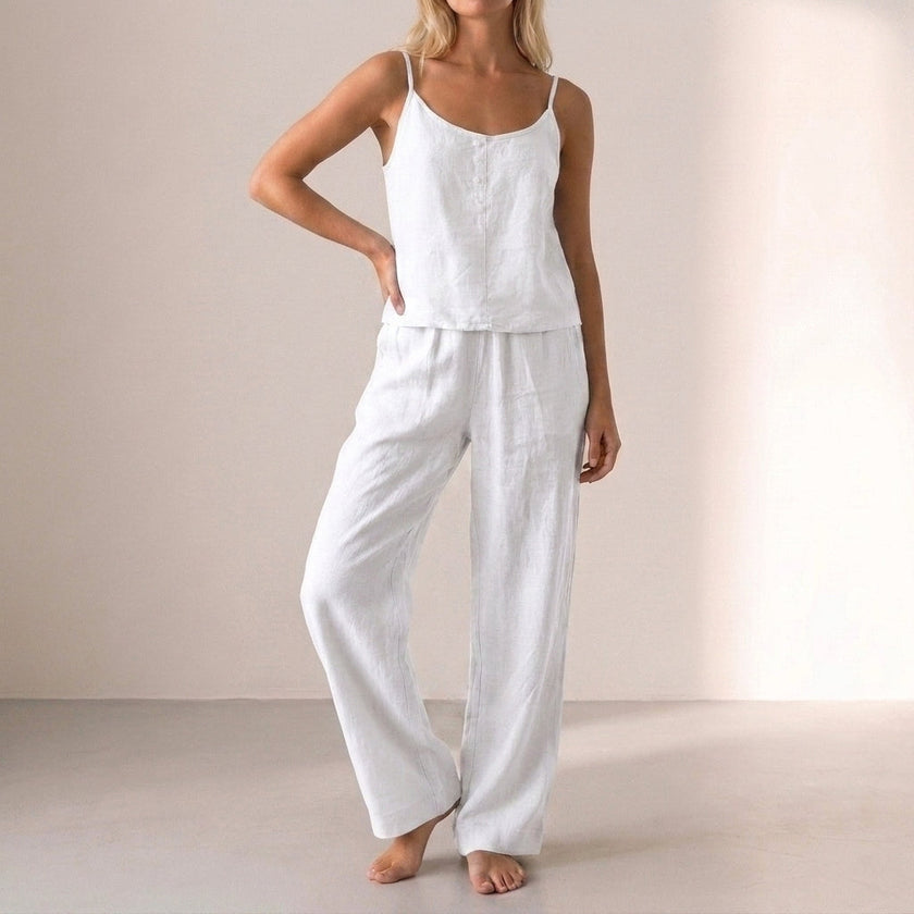 FJØRNA women's summer two-piece set with white button-front top and scoop neck, stylish co-ord clothing for warm weather