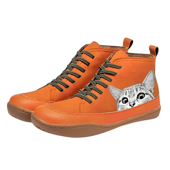 Tessa | Women's Lace Up Ankle Cat Print Boots with Comfortable Casual