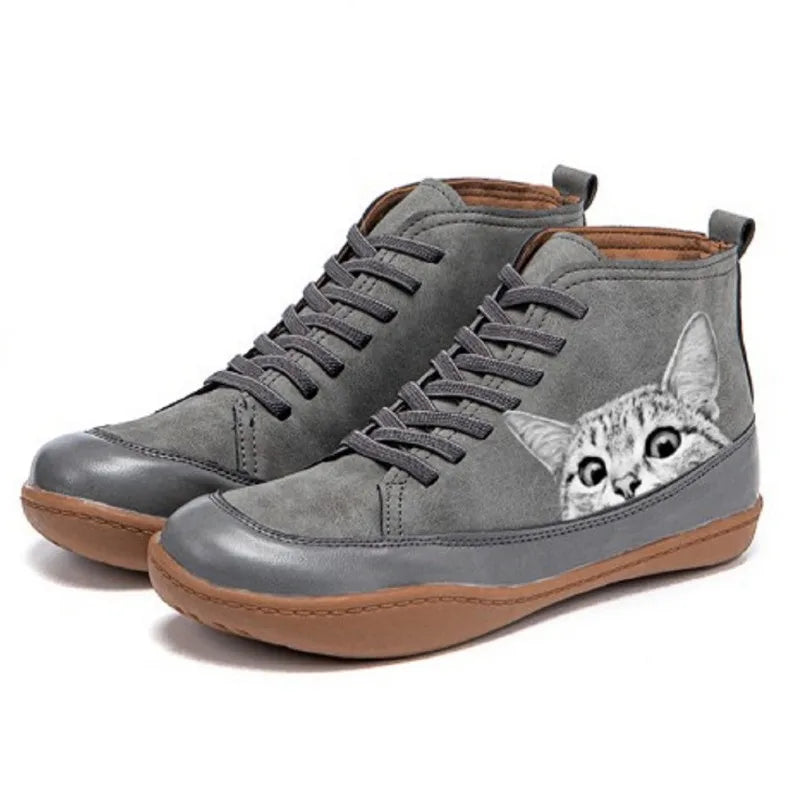 Tessa | Women's Lace Up Ankle Cat Print Boots with Comfortable Casual