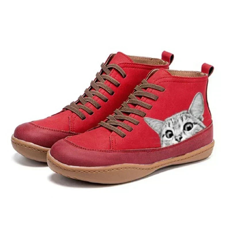 Tessa | Women's Lace Up Ankle Cat Print Boots with Comfortable Casual