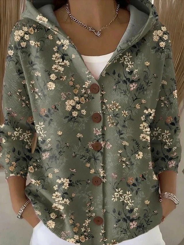 Hooded Button-Front Knit Cardigan Sweater with Drawstring V-Neck Hood for Women