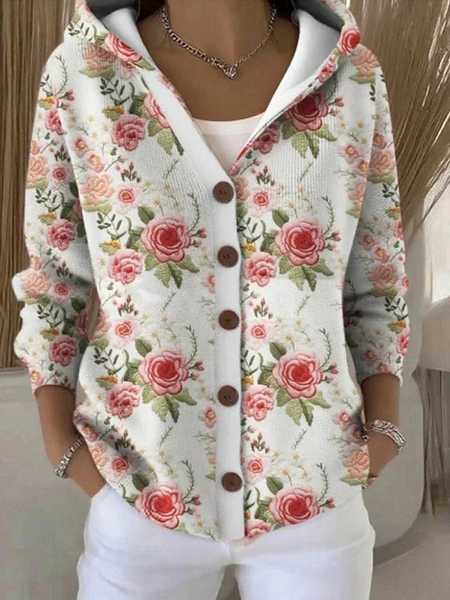 Hooded Button-Front Knit Cardigan Sweater with Drawstring V-Neck Hood for Women