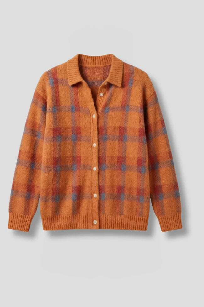 None | Women's Classic Plaid Button-Front Cardigan Sweater Knit Sweater with Checked Long-Sleeve