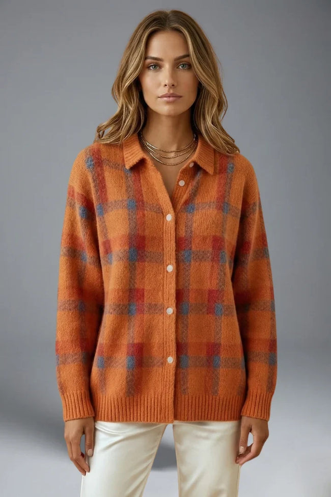None | Women's Classic Plaid Button-Front Cardigan Sweater Knit Sweater with Checked Long-Sleeve
