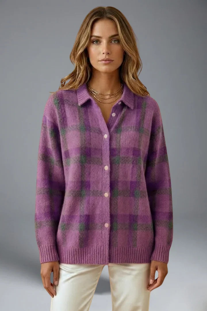 None | Women's Classic Plaid Button-Front Cardigan Sweater Knit Sweater with Checked Long-Sleeve