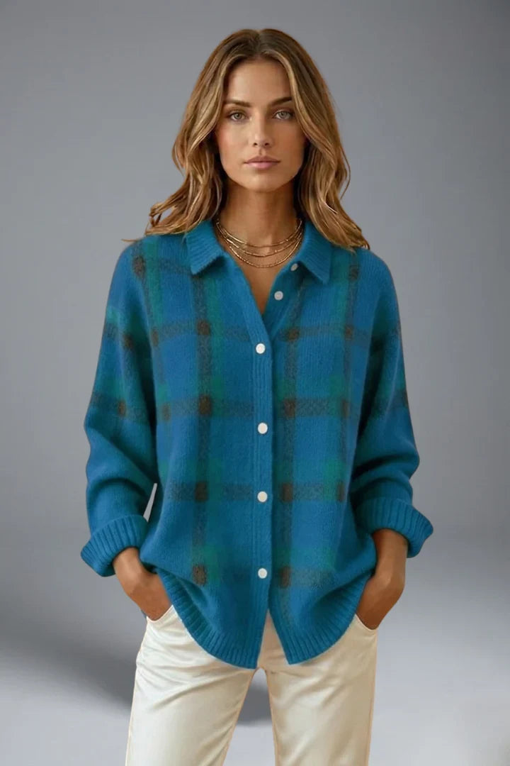 None | Women's Classic Plaid Button-Front Cardigan Sweater Knit Sweater with Checked Long-Sleeve