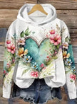 Femke | Women's Floral Heart Print Hooded Sweater Pullover with Knit Cozy