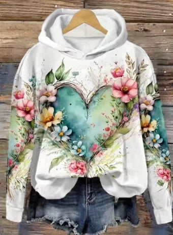 Femke | Women's Floral Heart Print Hooded Sweater Pullover with Knit Cozy