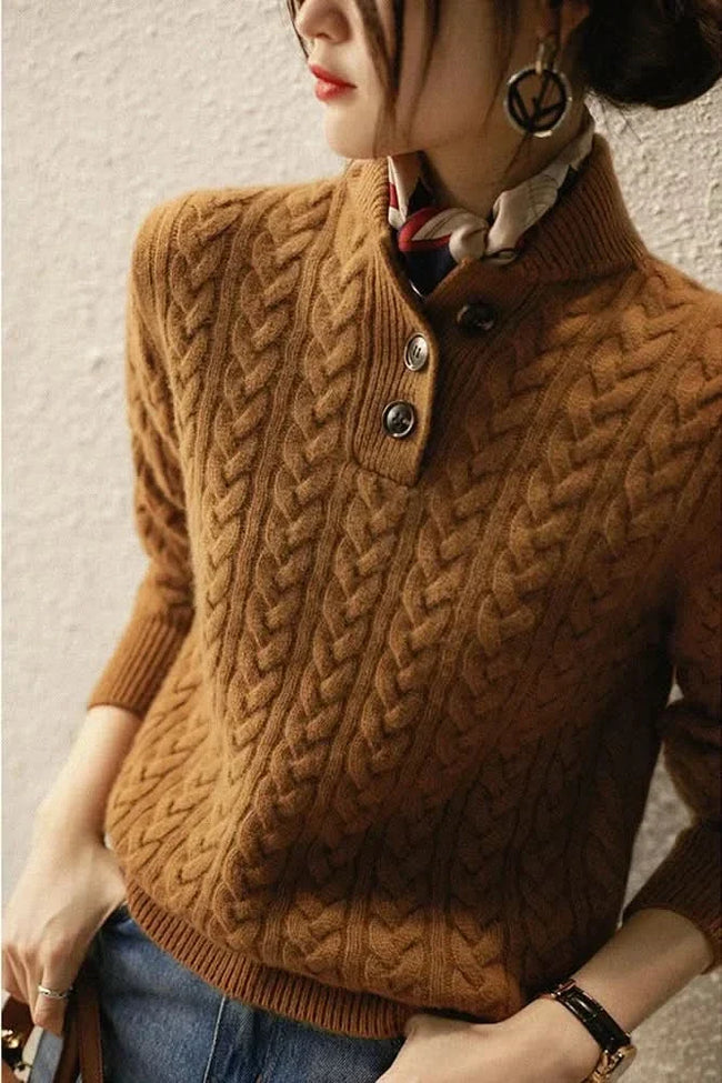 None | Women's Cable Knit Button-Front Sweater Pullover with Ribbed Long-Sleeve Cozy