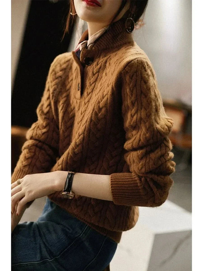 None | Women's Cable Knit Button-Front Sweater Pullover with Ribbed Long-Sleeve Cozy