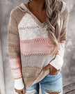 Saskia | Women's Ribbed Knit Striped V-Neck Hooded Sweater Pullover with Cozy