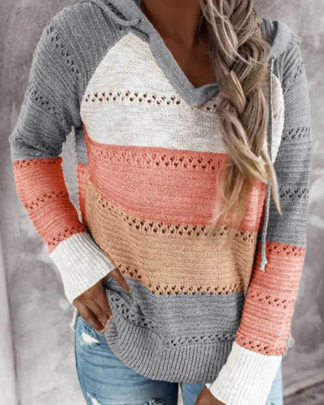Saskia | Women's Ribbed Knit Striped V-Neck Hooded Sweater Pullover with Cozy