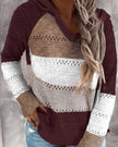 Saskia | Women's Ribbed Knit Striped V-Neck Hooded Sweater Pullover with Cozy