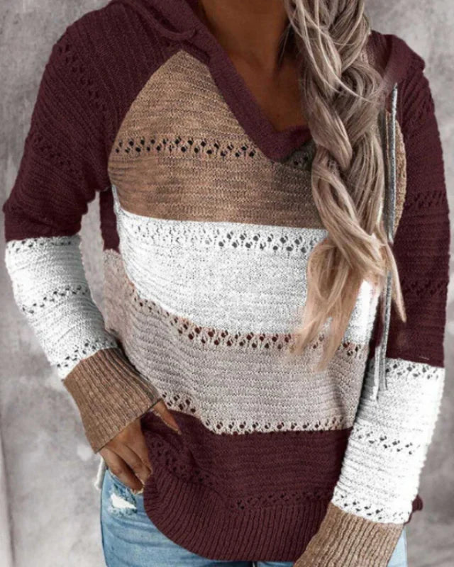 Saskia | Women's Ribbed Knit Striped V-Neck Hooded Sweater Pullover with Cozy