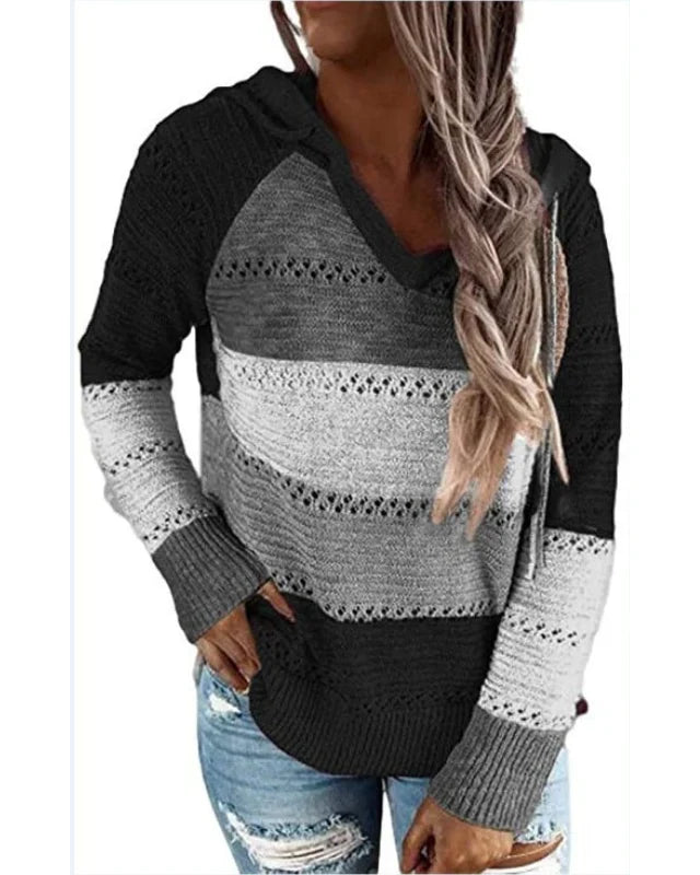 Saskia | Women's Ribbed Knit Striped V-Neck Hooded Sweater Pullover with Cozy