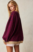 Marit | Women's Oversized Ribbed Striped Crew-Neck Balloon-Sleeve Sweatshirt Pullover with Knit