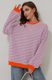 Marit | Women's Oversized Ribbed Striped Crew-Neck Balloon-Sleeve Sweatshirt Pullover with Knit