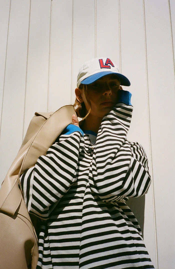 Marit | Women's Oversized Ribbed Striped Crew-Neck Balloon-Sleeve Sweatshirt Pullover with Knit